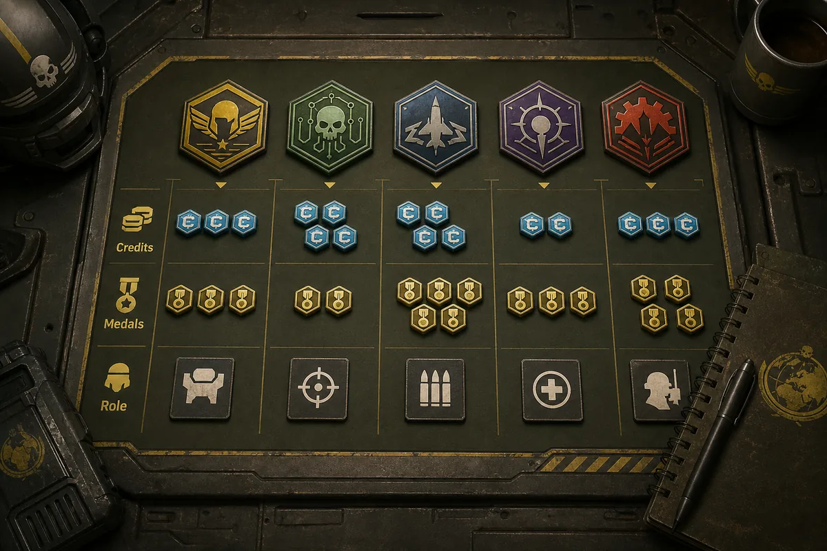Editorial tactical board comparing Helldivers 2 Warbond choices by Credits, Medals, and squad role