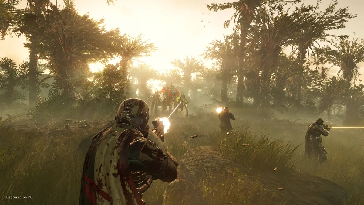 Official Helldivers 2 Steam gameplay screenshot of a diver traversing a battlefield while searching mission points of interest.