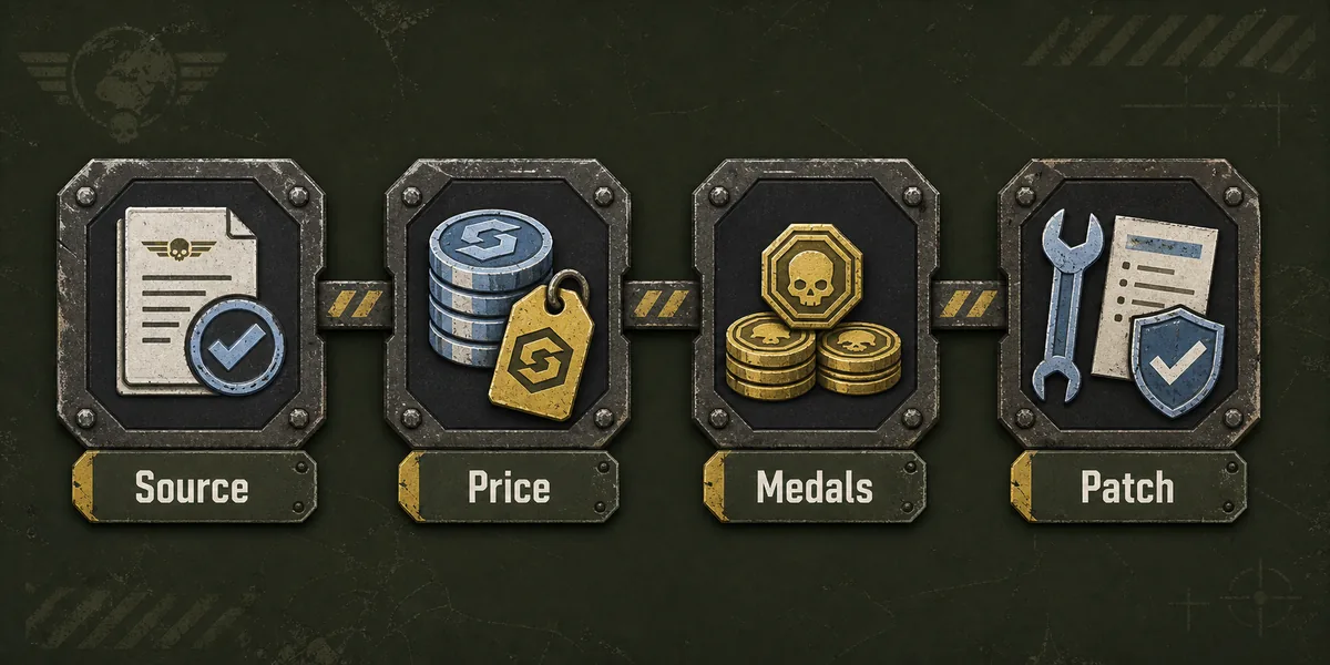 Four-step editorial checklist for source, price, medals, and patch verification before buying a Warbond